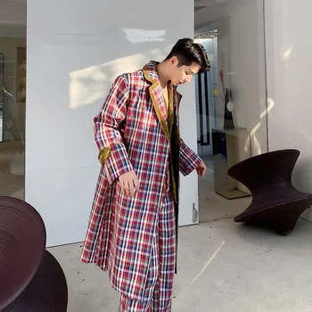 

Men Casual Plaid Trench Coat Overcoat Male Women Vintage Fashion Streetwear Long Jacket Windbreaker Outerwear Stage Clothing