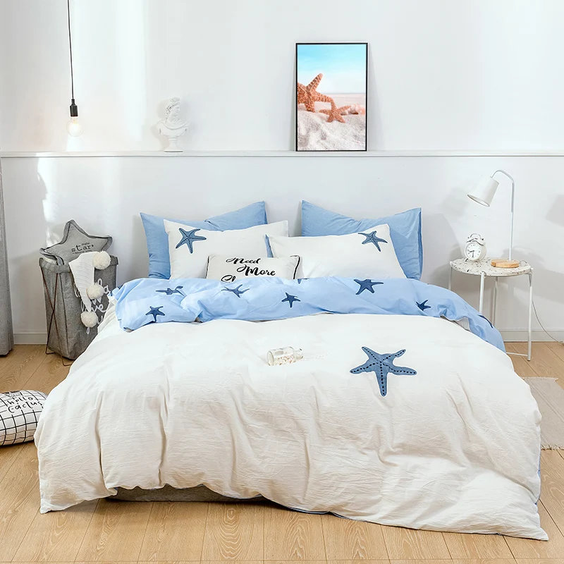 Washed Cotton Brief Style 4pcs Embroidery Cotton Duvet Cover Pillowcase Bed Sheet 4 Pieces Soft Home Bedding Set Blue Stars