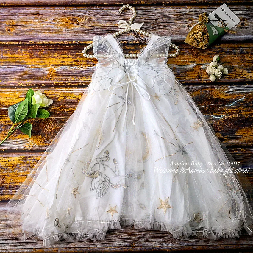 

Retail 5445 Unicorn Butterfly Embroidery Wings Princess Baby Girl Dress Summer Wedding Party Kids Dress For Girls baby clothes