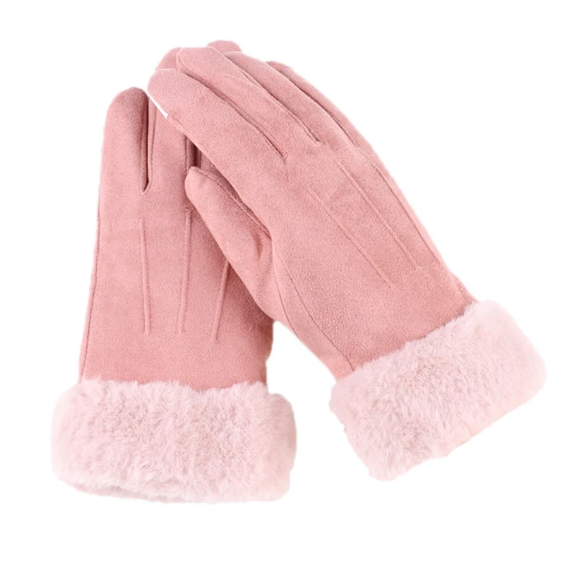 PK New Winter Ladies Keep Warm Solid Color Elegant Plush Wrist Mittens Ski Driving Glove - Цвет: PK