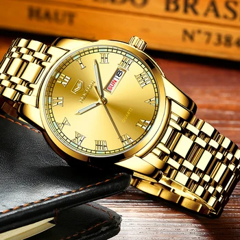 

NEKTOM Gold Quartz Watch Men Luxury Fashion Business Week Calendar Waterproof Boy Man Luminous Stainless Steel Wristwatch