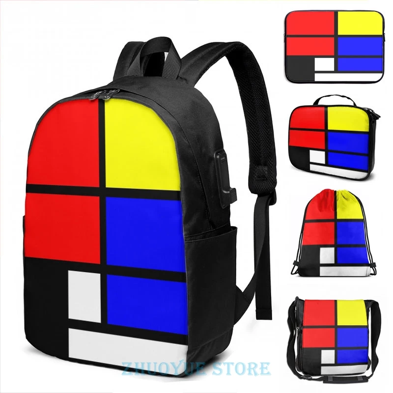Mondrian в стиле арт-деко основных цветах USB заряд рюкзак школьные сумки Для женщин