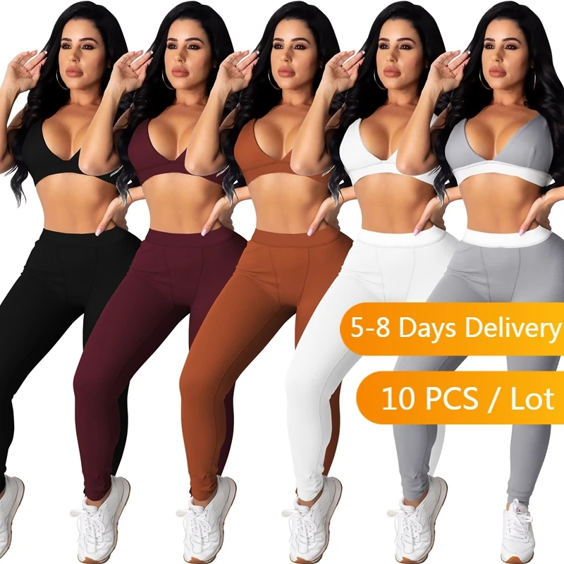 

Bulk Items Wholesale Lots Ribbed Two Piece Set Women Summer Workout Bra Crop Top Legging Pants Set Gym Sexy Bodycon Outfits 2022