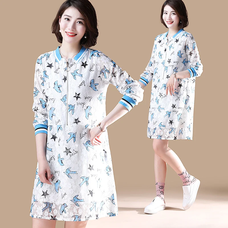 

2020 Spring Stand Collar Lace Blue Print A-Line Dress L-4XL Long-Sleeved Elegant Women Empire Mini Dress Bodycon Party Vestidos
