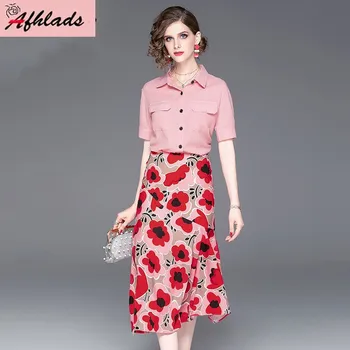 

2020 Summer New Two-Piece Set Fashion Women Single-Breasted Pink Shirt + High Waist Printed Chiffon Skirt Two-Piece Set