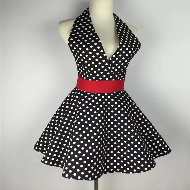 

1pcs Sexy Retro Black Polka Dot Bib 100% Cotton Kitchen Full Apron Dress For Wom n Waitress Gift
