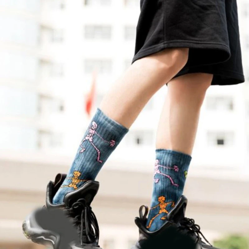 Носки Скелет окрашенные галстуком длинные модные носки с травой скейтборд хип-хоп Длинные прямые носки повседневные носки осень зима теплые носки
