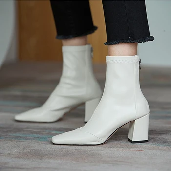 

WOHDHE 2020 Women Ankle Boots Square Heels Leather Pointed Toe Botas Fashion Zip Short Boots 2020 Autumn Shoes