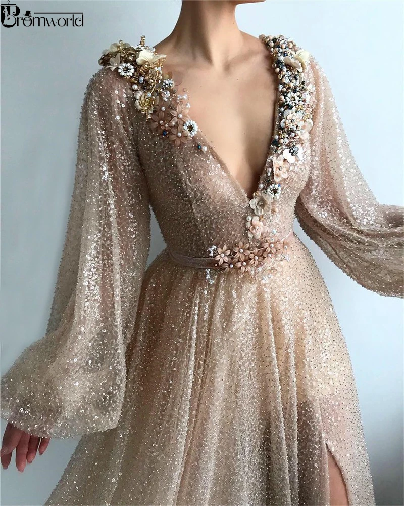 Шикарное Золотое мусульманское вечернее платье с цветами, v-образным вырезом и блестками, а-силуэт, арабское, с длинными рукавами, вечерние платья