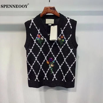 

SPENNEOOY Designer Custom Runway Female Summer Black Sleeveless Vintage Tank Tops Women Luxurious Sequined Plaid Knitted T Shirt