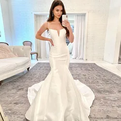 Sevintage White Satin Wedding Dresses Mermaid Spaghetti Straps Wedding Gown Sleeveless V-Neck Bridal Dress Robe De Mariee