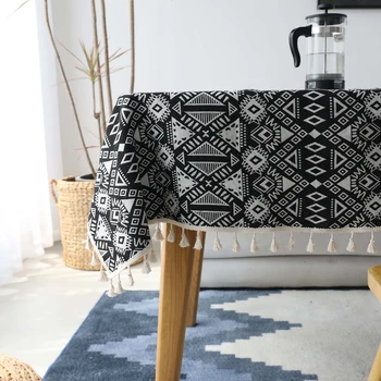

Cotton and Linen Black Thick Tablecloth Black Geometric Printing Tablecloth Outdoor Rectangular Table Cover Tea Table Cloth