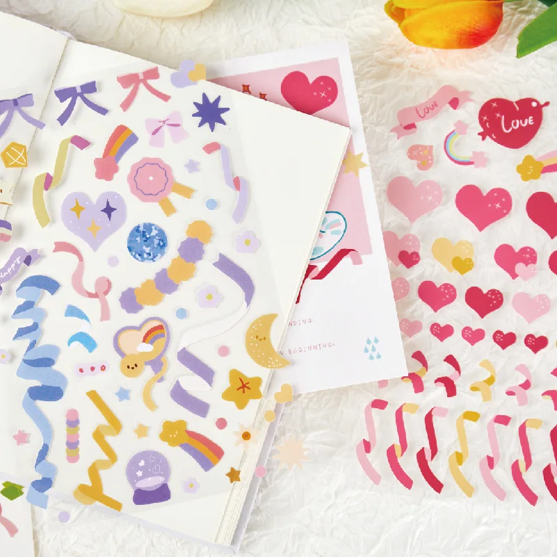 Ins Color Ribbon Series Love Bear Cute Stickers Labels Sealing Paster Hand Account Diy Decorative Sticker Creative Stationery 500pcs lovely cat sealing labels stickers thank you stickers for school teacher cute animals kids stationery sticker gifts decor