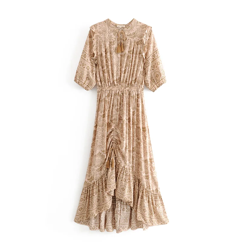 Lioness Ruched Midi платье v-образный вырез 3/4 рукав Весна Лето платья эластичная талия Повседневная Женская одежда Boho платья
