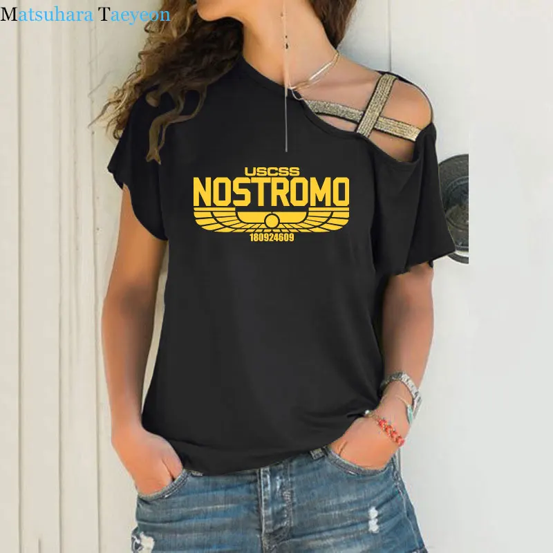 

New Fashion Print Top Nostromo Arrival Tshirt Cotton T Shirt Women Tee Short Sleeve Sexy Irregular Skew Cross Bandage Tops