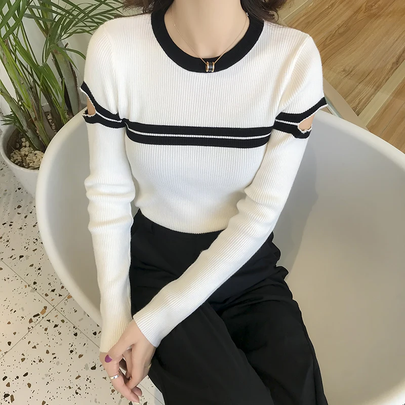 

Sweater Black Hollow Out Long Sleeve Women Tops 2020 Autumn Winter New Knitwear Sweater O Collar stitching Knitted 606J