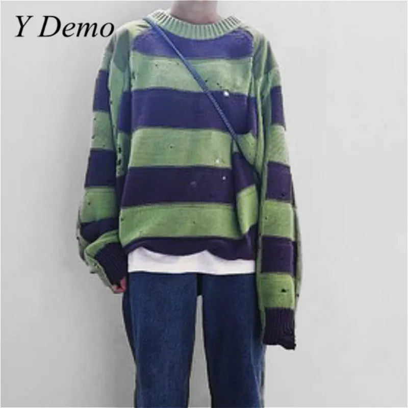 Y Demo Korean Casual Loose Sweater Women O Neck Long Sleeve Striped Knitted Pullover Frayed Holes Couple Hip Hop Clothing Autumn | Женская