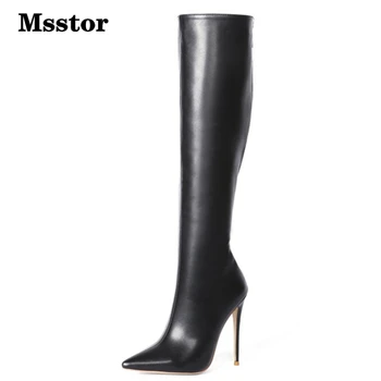 

Msstor Solid Stiletto Knee High Boots Women Zipper Thin Heels Red Party Concise High Heel Boots Pointed Toe Winter Shoes Women