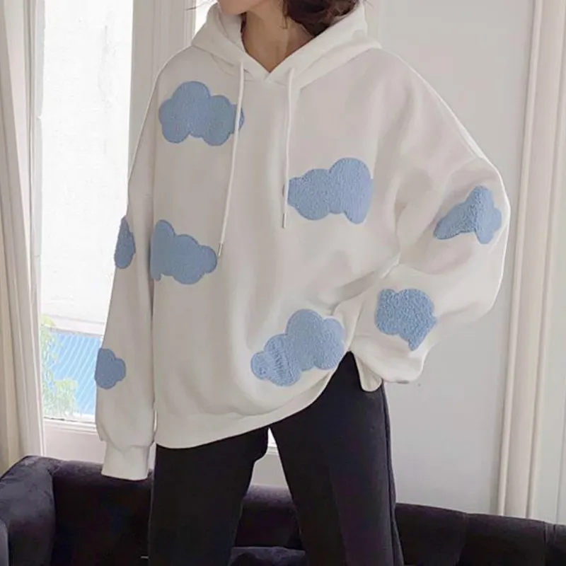 Korean Sweatshirt Women Winter 2021 Fashion Clouds Pullover Women Plus Velvet Warm Long Sleeve Tops Casual Hoodies Kawaii Female