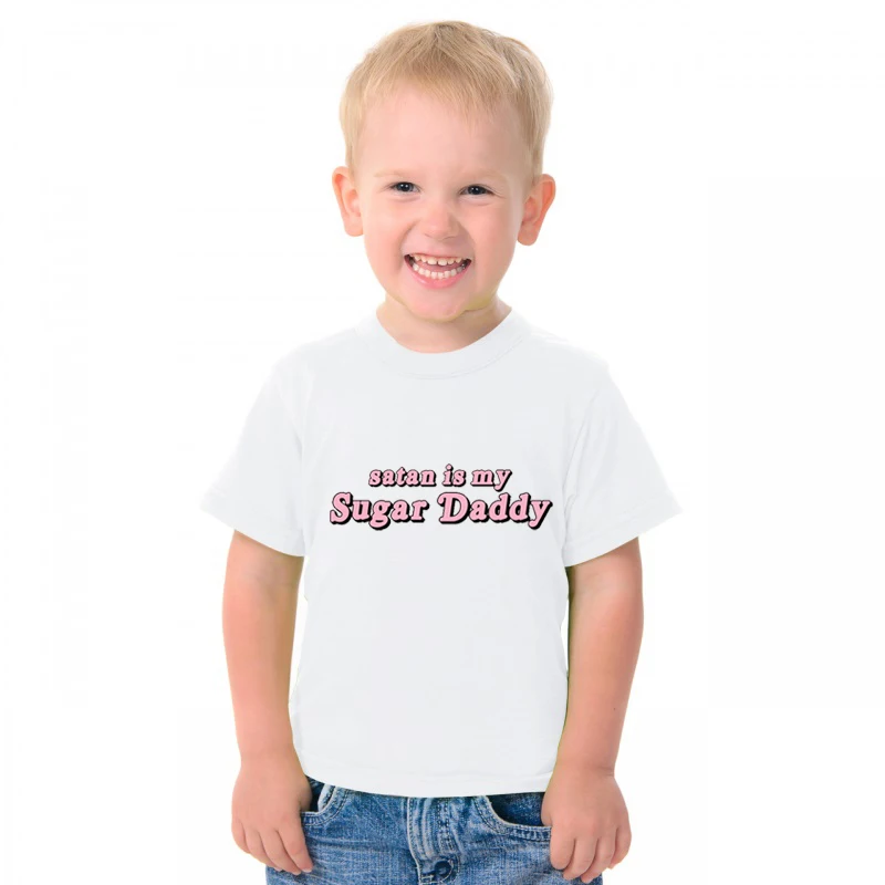 

Baby Boys Girls Satan Is My Suger Daday T Shirts Funny Letter Print T Shirt Kids Summer O-Neck Tops Little Tshirt Boy Clothing