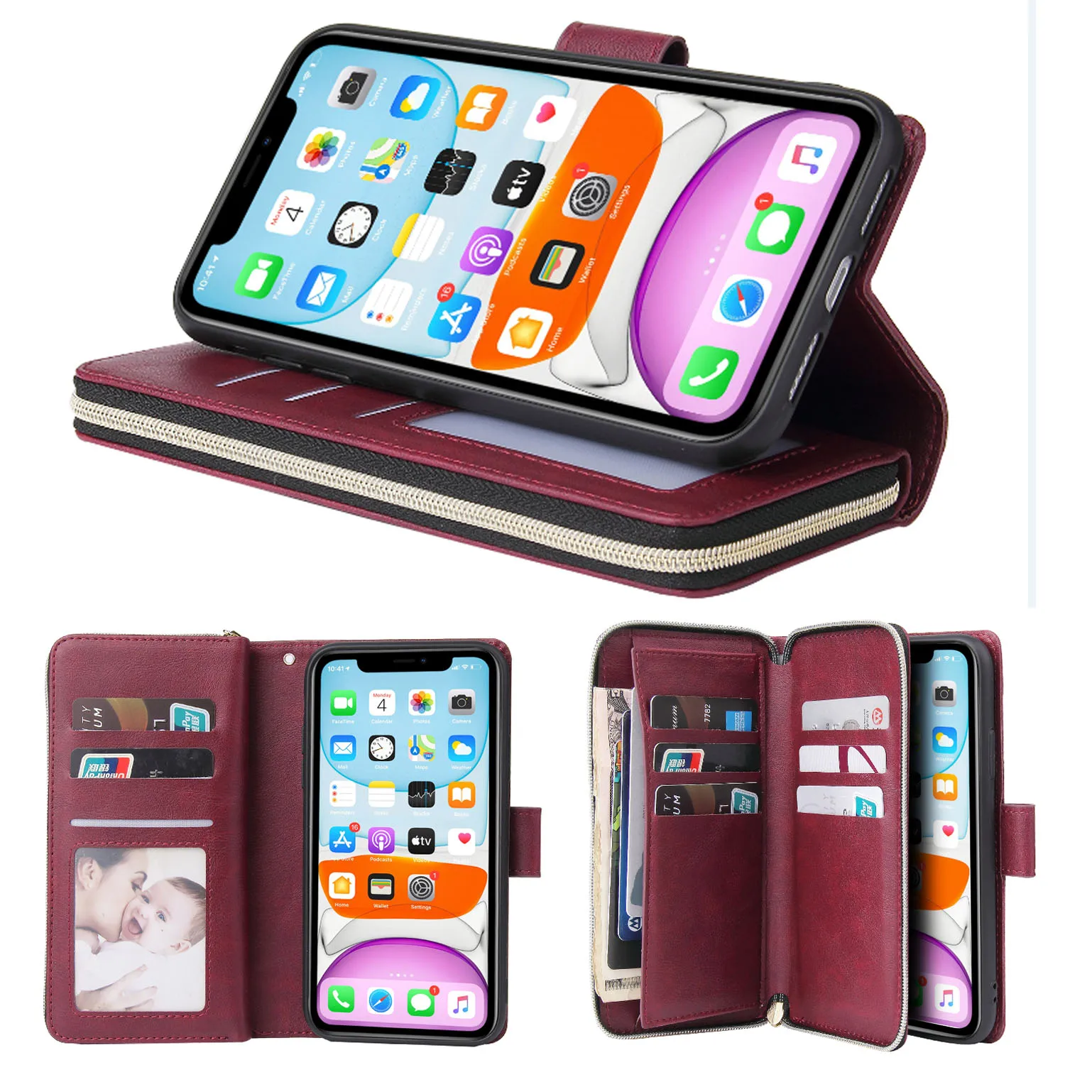 Luxury Leather Flip Wallet Phone Case with Card Slots and Zipper