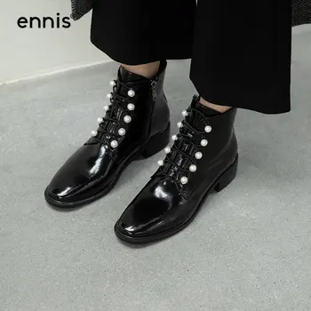 

ENNIS 2020 British Black Boots Square Heel Pearl Shoes Autumn Winter Women Boots Zipper Ankle Boots Low Heel Martin Shoes A0290