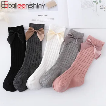

Balleenshiny Big Bow Cotton Baby Socks Double Needle Vertical Stripes Solid Color Kids Socks Knee High Girl Kids Accessories