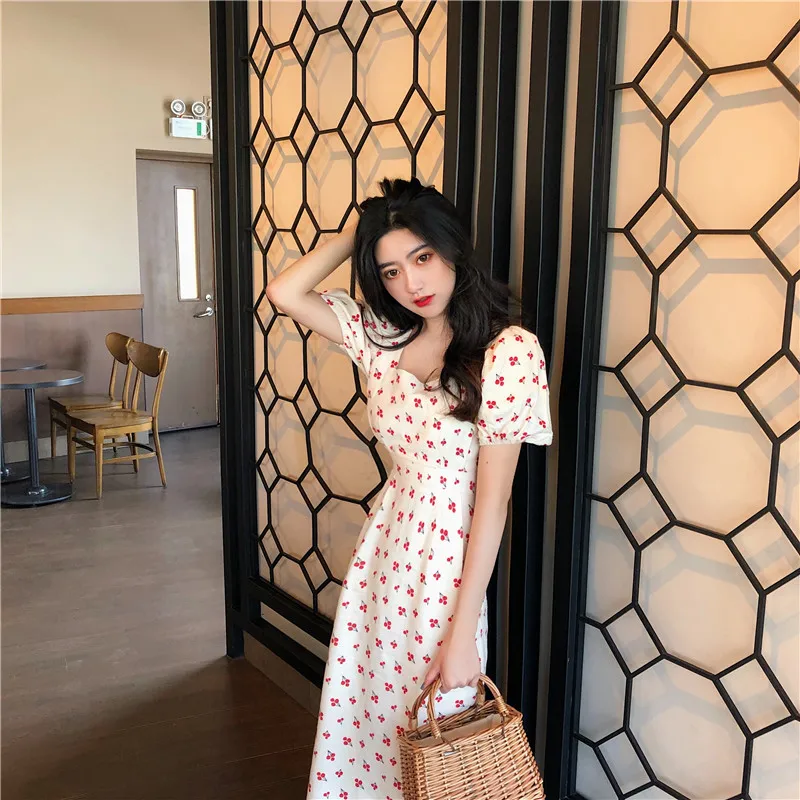 2020 Summer Vintage Puff Sleeve Printed Long Dress Female Elegant Ruffle Square Sleeve Slim Maxi Dresses Vestidos