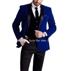 3Pcs Royal Blue Velvet Jacket Black Pants Vest Custom Made Shawl Lapel Blazer Trousers Man's Party Wear Coat Wedding Suits Sets