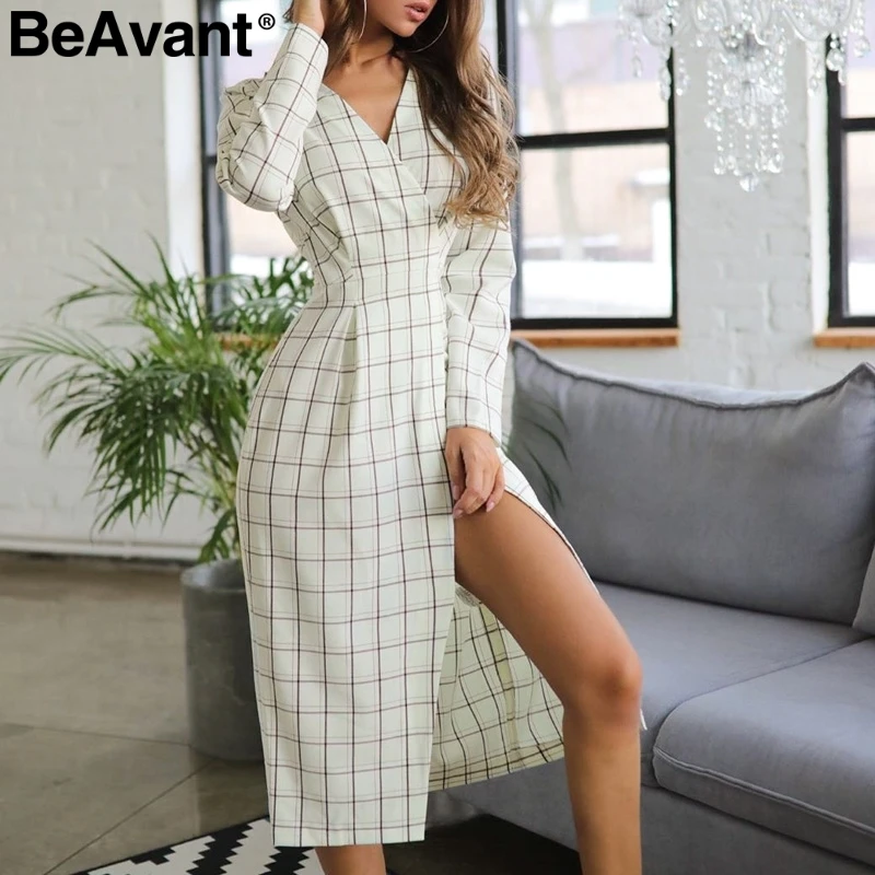 BeAvant элегантное клетчатое белое длинное платье с длинным рукавом, сексуальное женское вечернее платье с v-образным вырезом, высококачественное офисное женское осеннее шикарное платье для работы