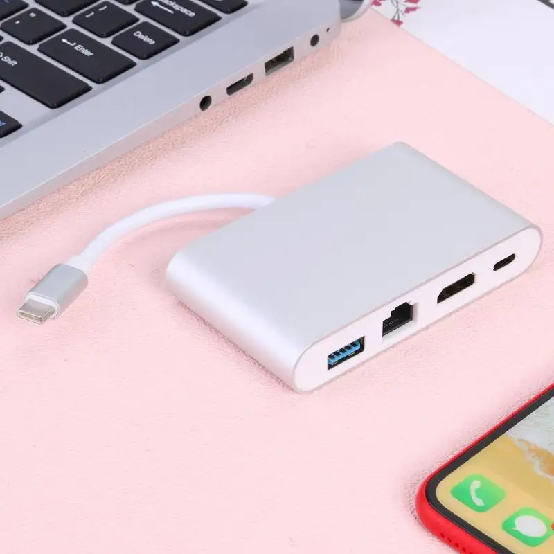 4 в 1 USB TYPE-C концентратор Gigabit Ethernet USB-C HDMI RJ45 60 Вт адаптер