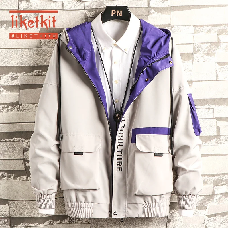 

Liketkit Men's Casual Jackets 2019 Male Autumn Color Patch Print Pockets Hooded Jackets Mens Japanese Safari Loose Streetwear