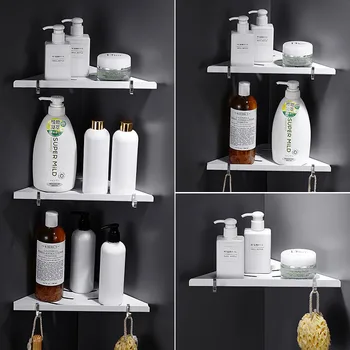 

Aluminum Bathroom Shelf White Bathroom Corner Shelf With Hooks Bathroom Accessory Storage Organizer Rack Holder Free Nail