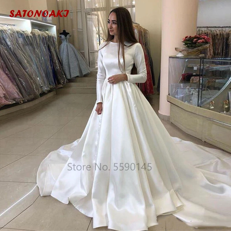 Elegant Satin Long Sleeves Wedding Dress 2022 O-Neck A-Line Simple Princesa Bride Gown Court Train Vestidos De Novia Robe Mariée | Свадьбы и