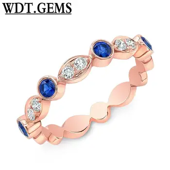

10k Rose Gold Blue Sapphire Bezel Diamond Pave Alternating Band Ring Womens