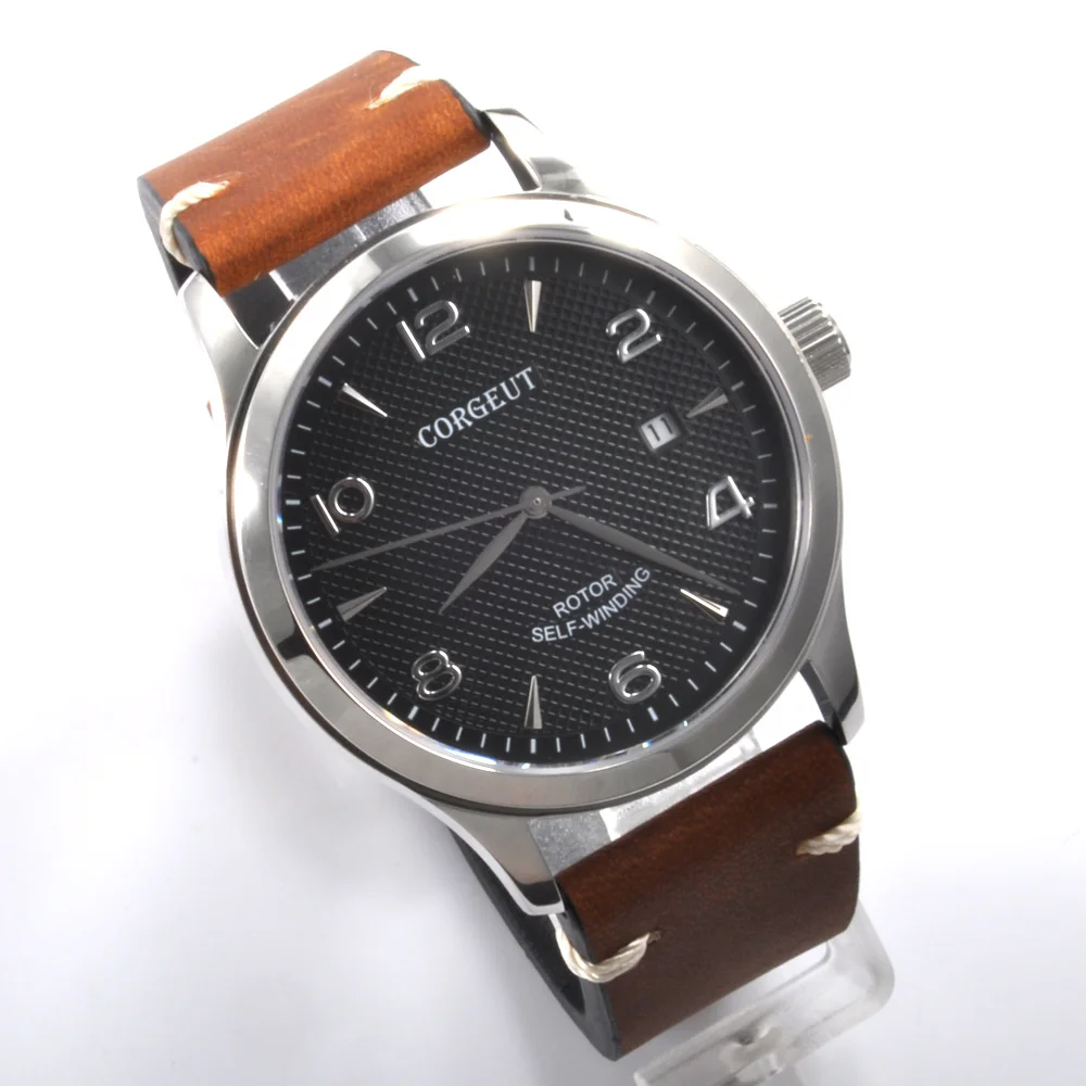 

Corgeut 42mm Black dial Sapphire Crystal Leather Strap auto date Automatic Men Watch.