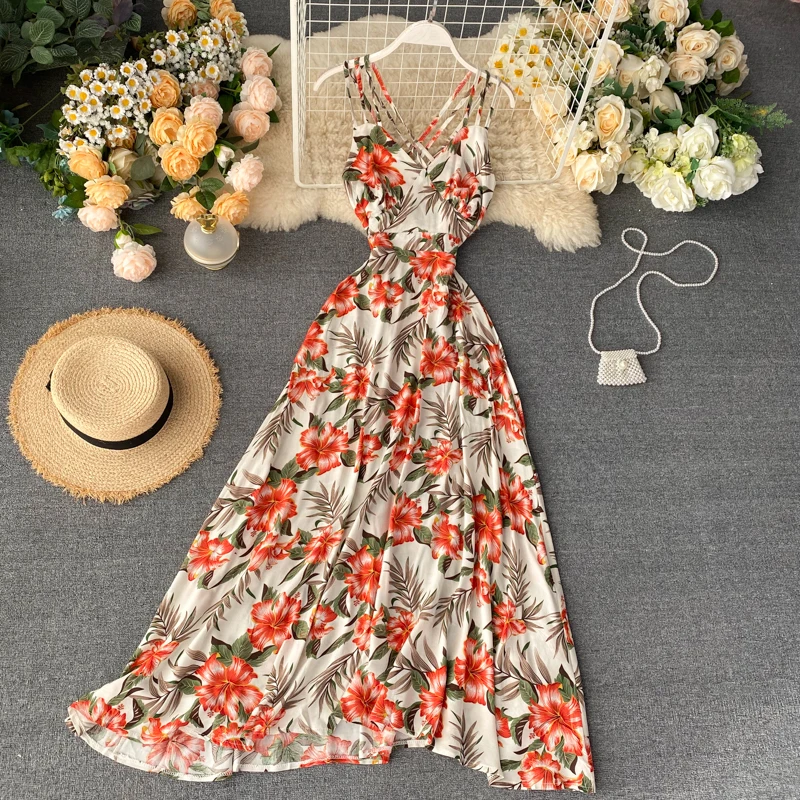 Neploe Sexy Open Back Bohemian Holiday Long Dress High Waist Hip Cross Design Print A Line Vestido V Neck Sleeveless Camis Ropa