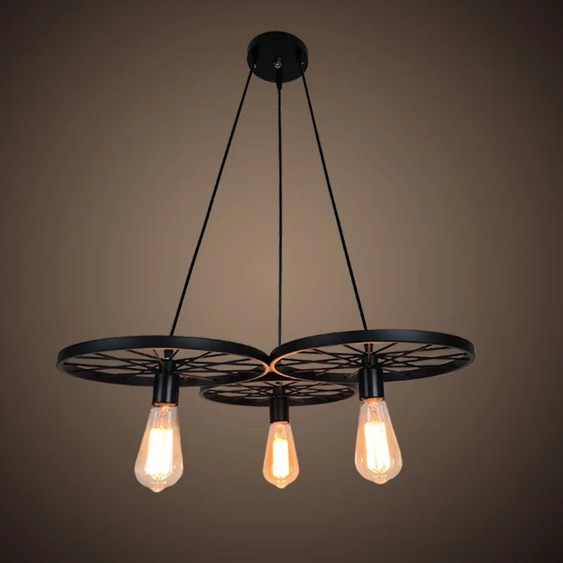 

Industrial Retro LED Restaurant Chandelier Black And White with Pattern Iron Art Wheel American Chandelier Creative Home Chandel