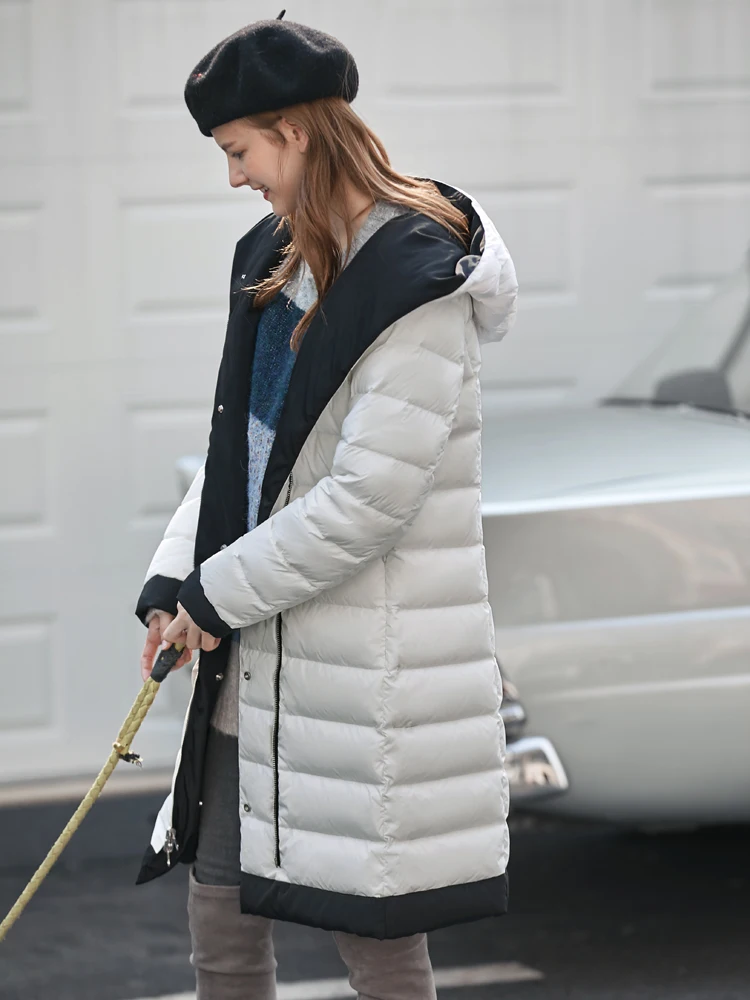Amii минималистичный 90 белый пуховик с гагачьим пухом для женщин Зимний прямой трубчатый с капюшоном контрастный цвет два пальто