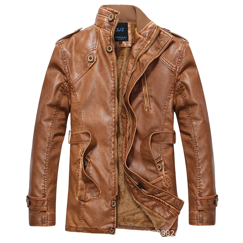 

Autumn And Winter Men Casual Leather Coat Mid-length plus Velvet Leather Jacket Stand Collar PU Leather Jacket Men'S Wear