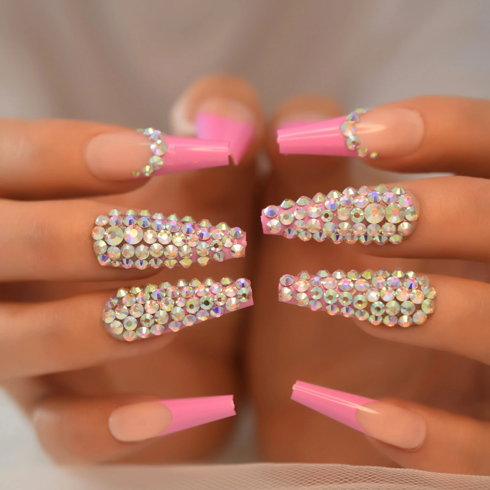 Rhinestones Nail Press Ons Extra Long Coffin 3d Designed Fake Nails Jewel  Luxury Rosy Nude Royalty False Nail Tips - False Nails - AliExpress