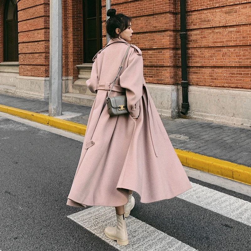 Fashion New Korea Style Winter Women Wool Blends Coat Lady Dress Overcoat Single-Breasted with Belt Female Outerwear Black Pink