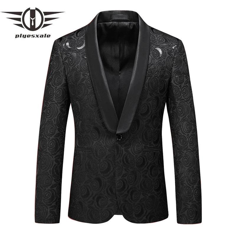 

Plyesxale Black Floral Jacquard Blazer For Men 2020 New Arrival Shawl Collar Mens Blazers Big Size Prom Party Blazer Man Q953