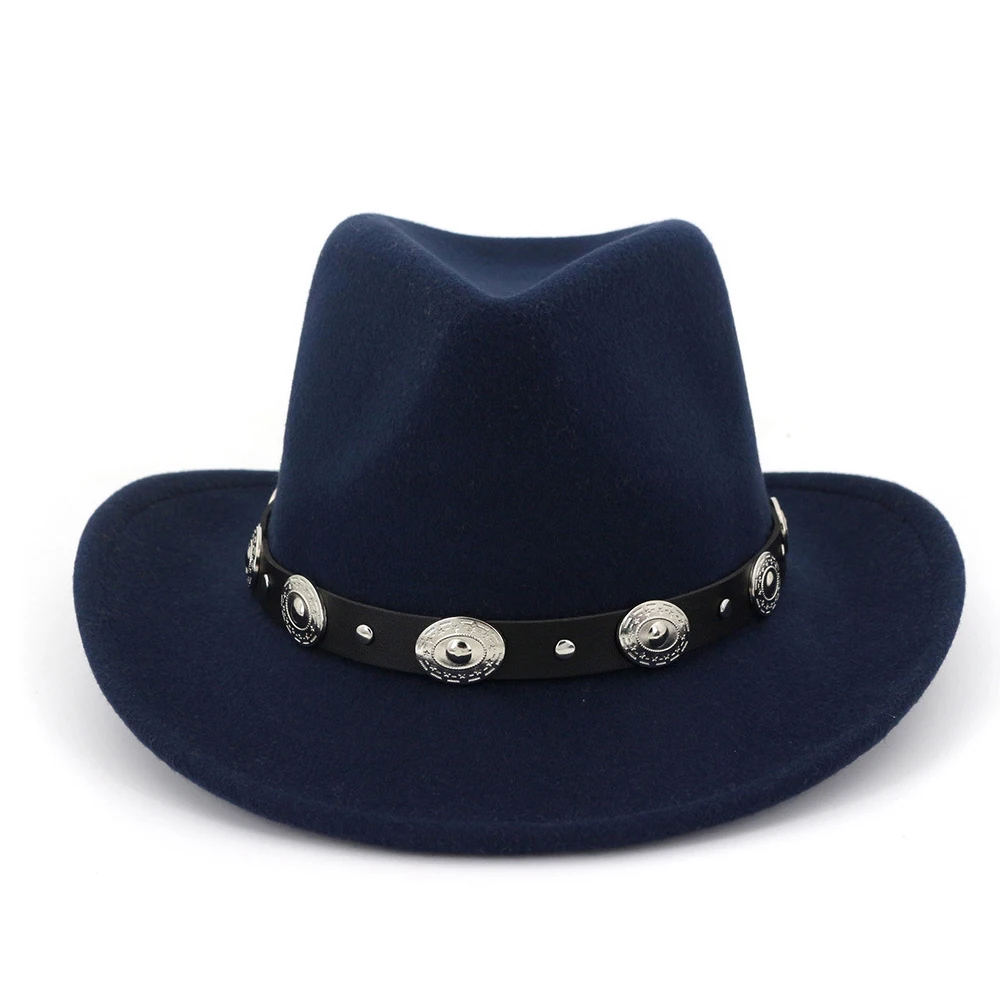 Мужская Женская Западная ковбойская шляпа с поясом в стиле панк широкий джазования с полями шляпа церковная сомбреро Hombres джаз шляпа - Цвет: Dark Blue