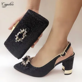 

Popular black set fashion high heel shoes and purse latest shoes with evening bag set 073-6 heel height 8cm