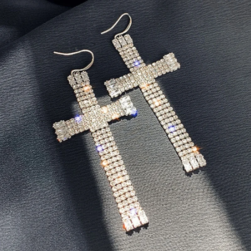 Women Geometric Crystal Drop Earrings Oversized Cross Rhinestone Pendant Earrings Personality Party Jewelry
