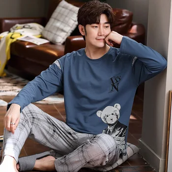 

2020 Autumn Men Casual Pajama sets Male Cotton Modal Sleepwear suit Couples Long Sleeve T shirt & Striped Pants Plus size