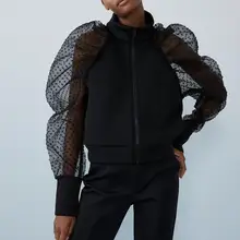 Сетчатые сексуальные блузки женские модные полупрозрачные в горошек с пышными рукавами и стоячим воротником женские элегантные однотонные рубашки на молнии для женщин