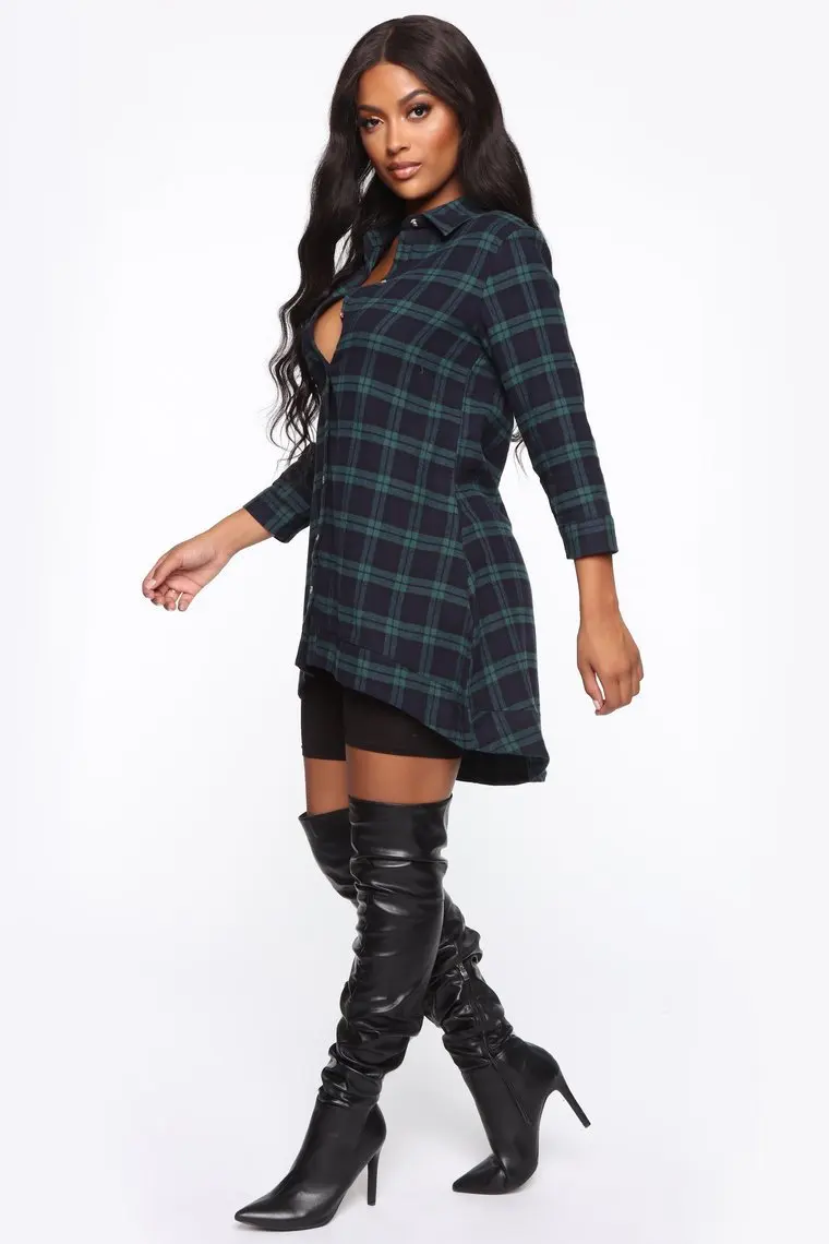 Plaid patchwork a-line shirt dress women single breasted three quarter sleeve mini dress high street popular shirt dress MOS1868