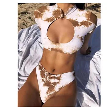 

Swimsuit high collar cheongsam style short sleeve push up bathing suit sexy Brazilian bikini set high waist swimwear 2020 mujer